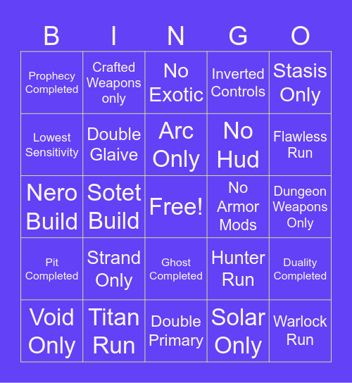 Destint 2 Dungeon Bingo Card