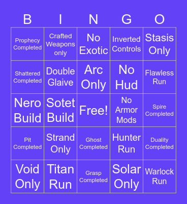 Destint 2 Dungeon Bingo Card