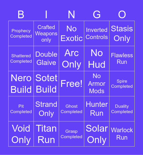 Destint 2 Dungeon Bingo Card