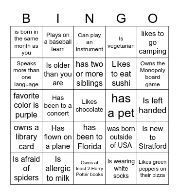 Get to know each other Bingo Card