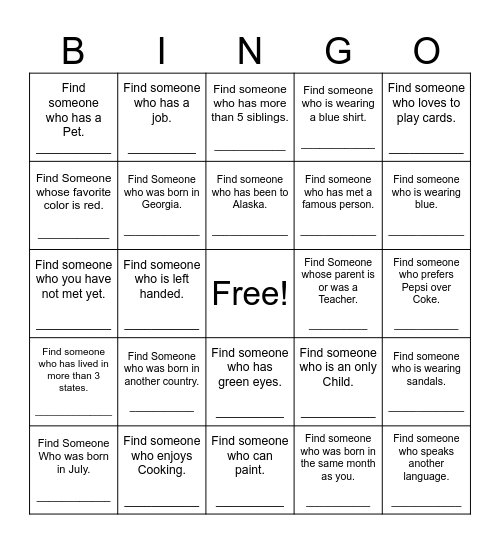 Find Someone Who Bingo Card