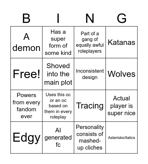 Gary Stu in roleplay bingo Card