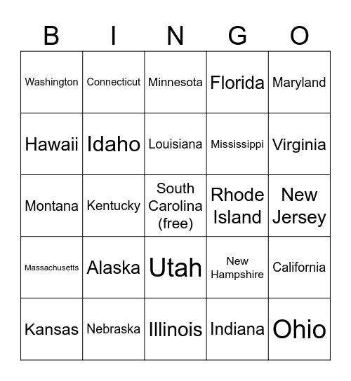 State license plate bingo Card