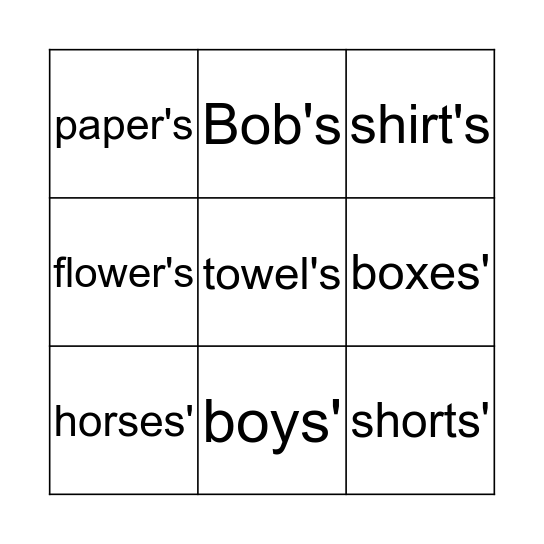 Possessive Apostrophes Bingo Card