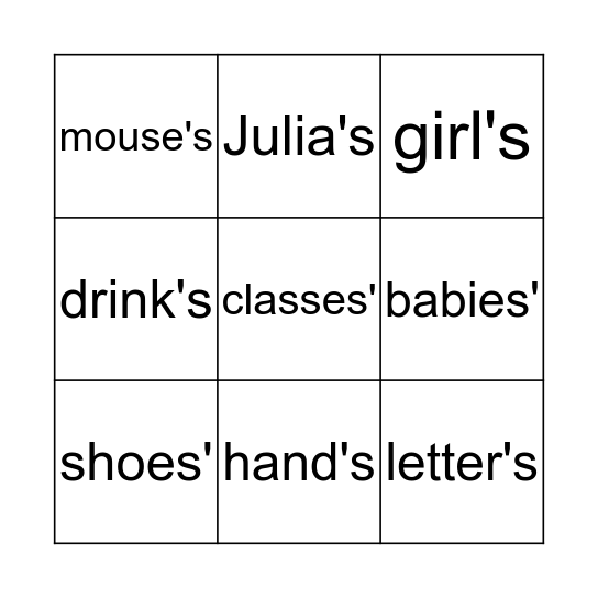 Possessive Apostrophes Bingo Card