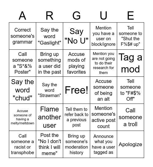 CE Argument Bingo Card