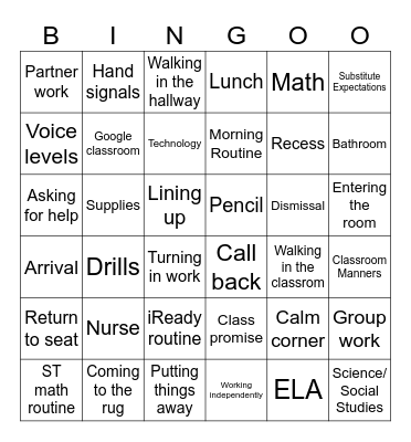 Classroom Expectations Bingo Card