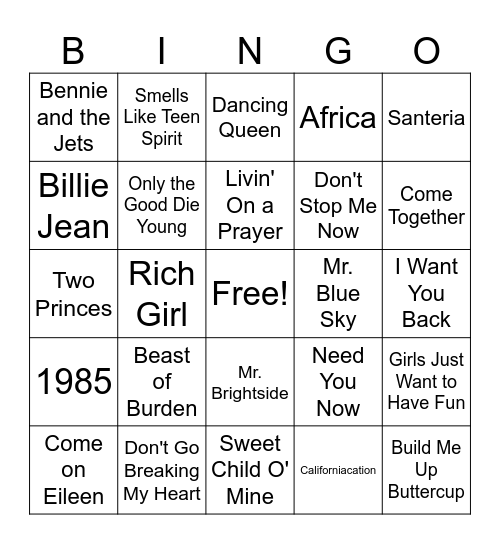 Oldies Singo Bingo Card