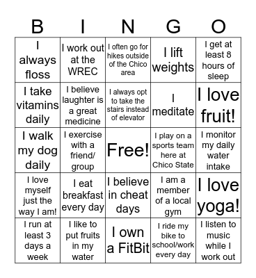 How I Keep Healthy Bingo Card