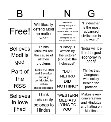 Delusional Bingo (India edition) Bingo Card