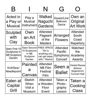 Test Your Arts "Quotient" Bingo Card