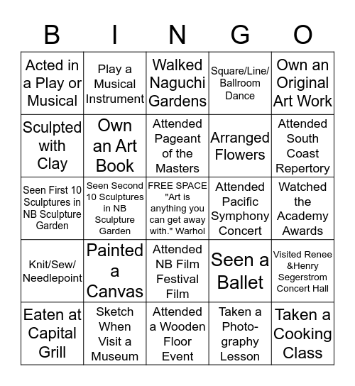 Test Your Arts "Quotient" Bingo Card