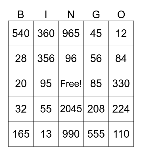 Divisibilty Bingo Card