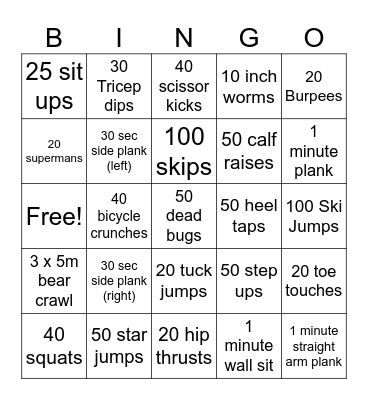 Fitness Bingo Card