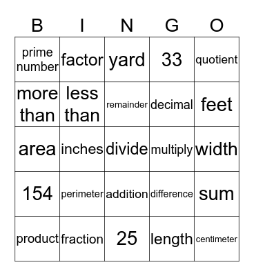 MATH VOCABULARY Bingo Card