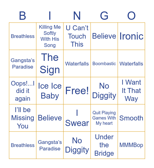 MFVA- 90's Playlist Bingo Card