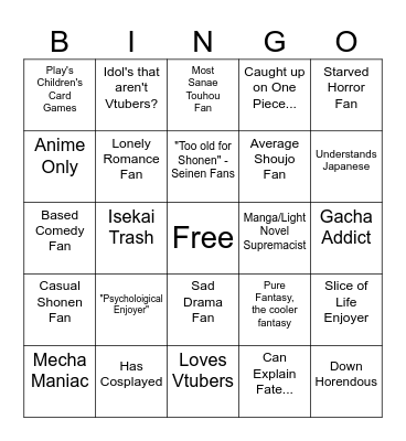 Anime Fan Outing Bingo Card