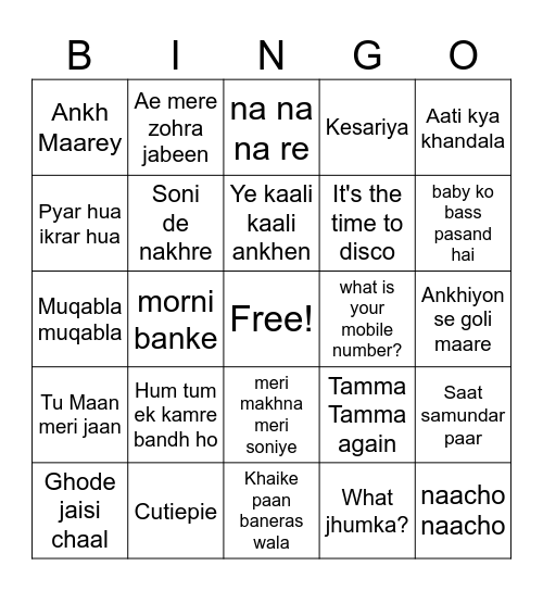 Bollywood Bingo Card