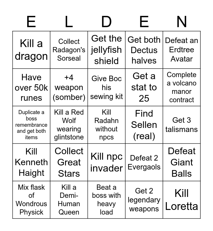 Elden Ring bingo Card