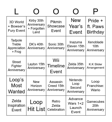 Larx's Round 1 (Nintendo Loop Events) Bingo Card