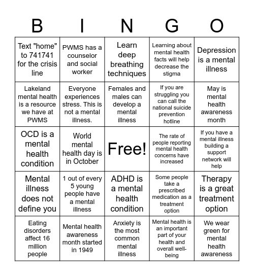 Mental Health Facts Bingo Card