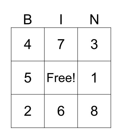 NUMBERS Bingo Card