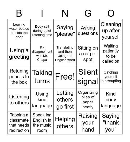 Music Class Bingo Card