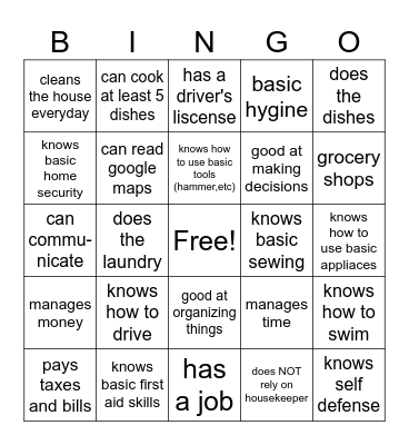 "essential"" life skills Bingo Card