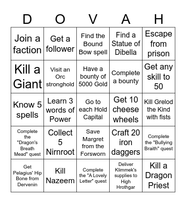 Skyrim Bingo Card