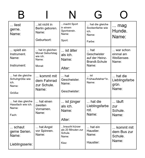 Kennlern-Bingo Card
