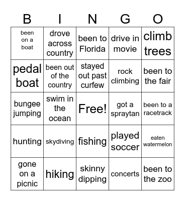 Summer Fun Bingo Card