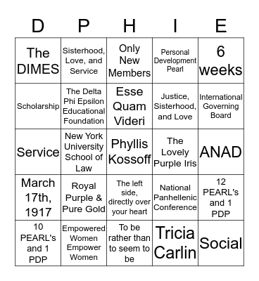 Delta Phi Epsilon Bingo Card