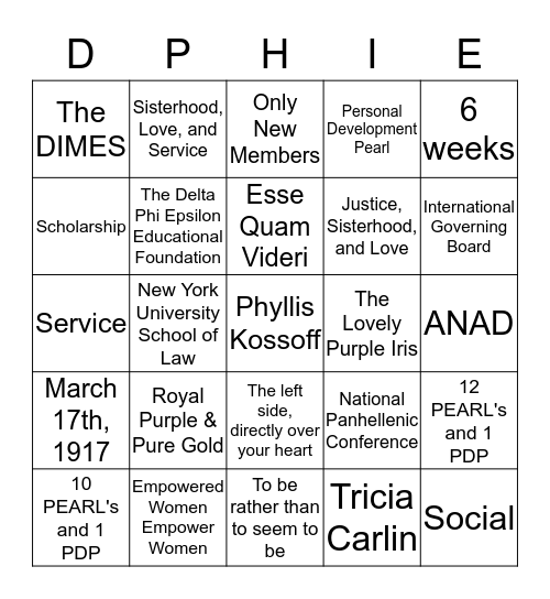 Delta Phi Epsilon Bingo Card