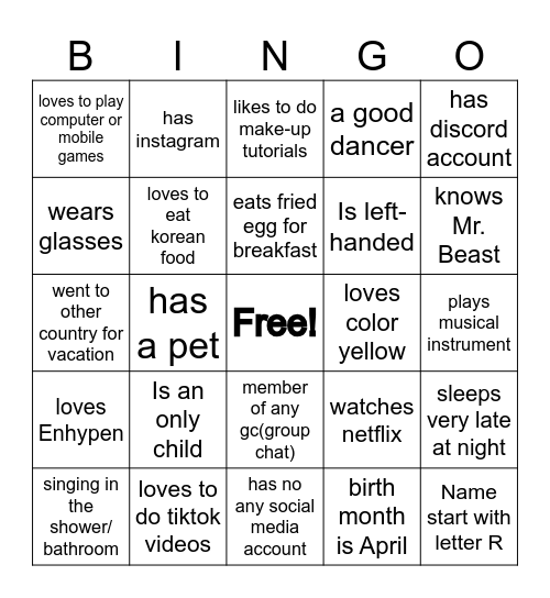 I Want To Know You More! Bingo Card