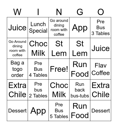 WIngo Bingo Card