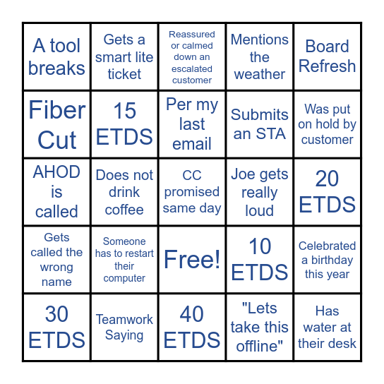 Specialty Squad Bingo Card