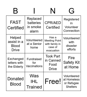 Red Cross Bingo Card