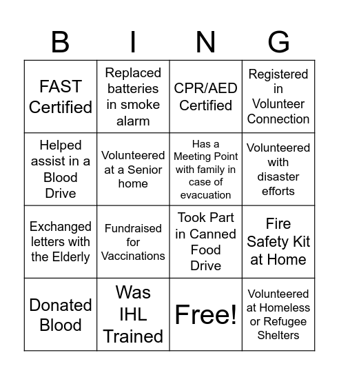 Red Cross Bingo Card