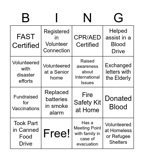 Red Cross Bingo Card