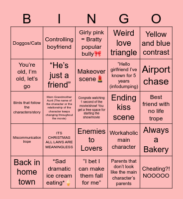 Stereotypical Romance Movie Checklist Bingo Card