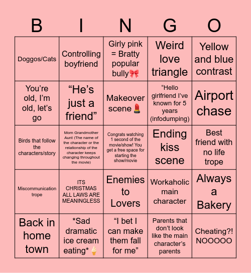 Stereotypical Romance Movie Checklist Bingo Card