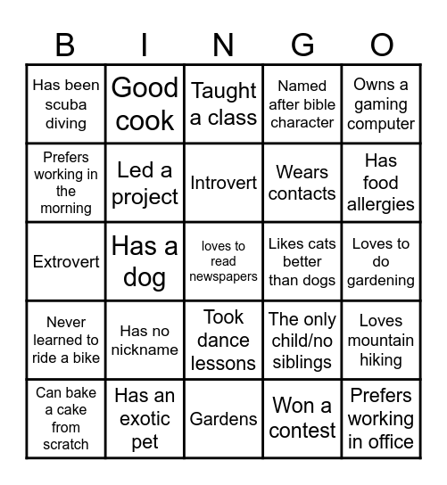 "Getting to Know You" Bingo Card