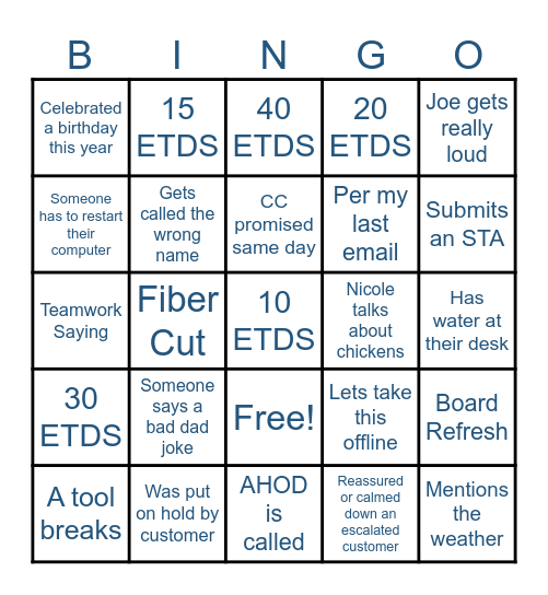 Specialty Squad Bingo Card