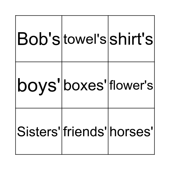 Possessive apostrophes Bingo Card