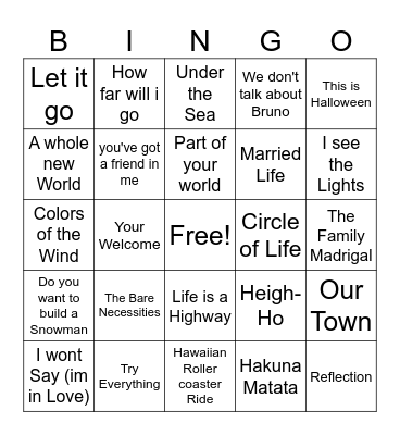 Disney Songs Bingo Card