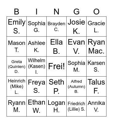 Deutsch 2 Namen Bingo Card