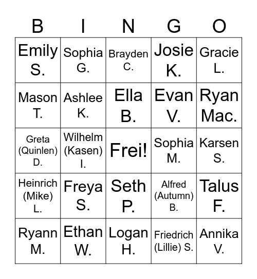 Deutsch 2 Namen Bingo Card
