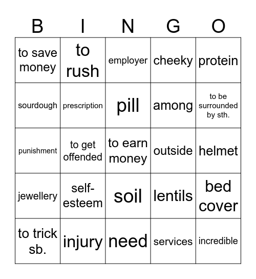 Vocabulary Revision Bingo Card