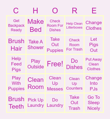 Brooklyn Chore BINGO Card