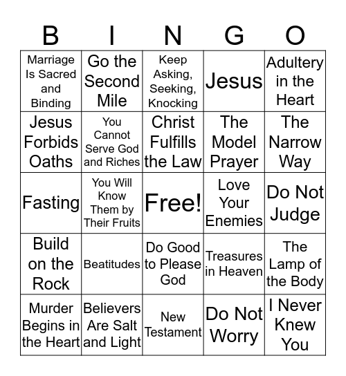 Sermon on the Mount; Matt: 5-7 Bingo Card